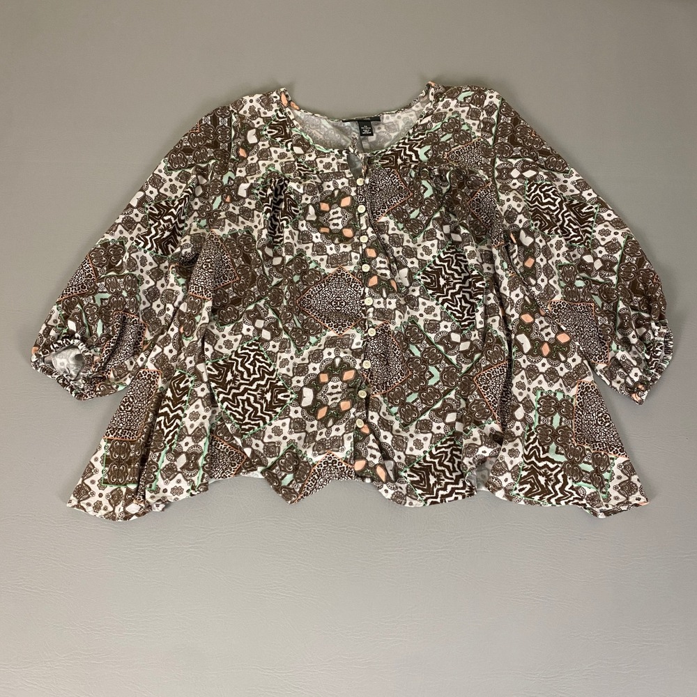 Style & Co Blouse Top Women's Plus 2X Brown White Floral Print Button Up Rayon